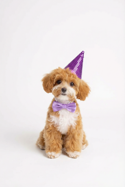 「图片1」「图片1」将图片一中的可爱狗狗头上戴着图片二中的紫色帽子，将狗狗脖子上的蝴蝶节换成紫色的，缩小些，白底，远景预览效果