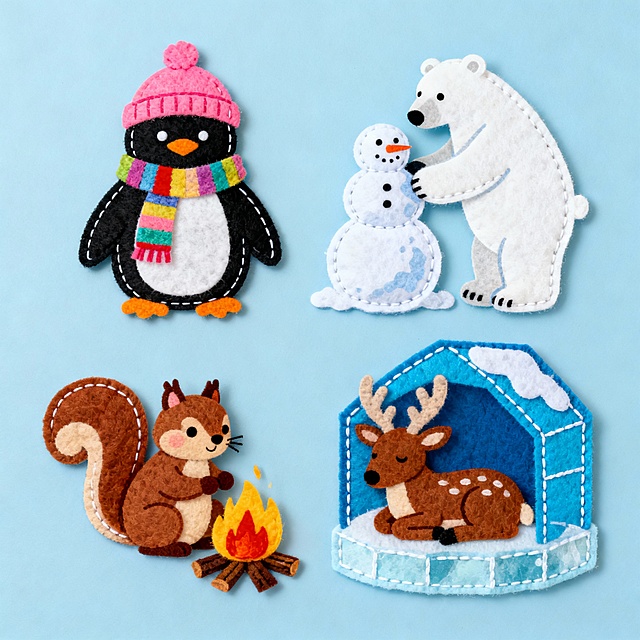 不织布风格冬季动物素材，四个元素规整排布，简约造型，纯色背景。第一排左侧是戴着粉色帽子和彩色围巾的黑色企鹅，右侧是正在堆雪人的白色北极熊；第二排左侧是棕色松鼠围坐在篝火旁，右侧是棕色驯鹿在蓝色冰屋里休息。所有元素边缘有明显的白色缝线，色彩明快，采用不织布特有的块状纯色拼接，整体呈现出手工缝制的温暖质感。