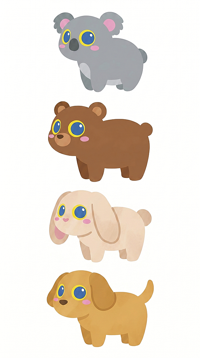 参考原图的柔和扁平化卡通插画风格，保持相同的大蓝眼睛黄色边框粉色腮红特征，为考拉、熊、兔子、狗分别生成侧面视角的卡通形象，纯白色背景，每个动物竖排排列，保持软萌可爱质感