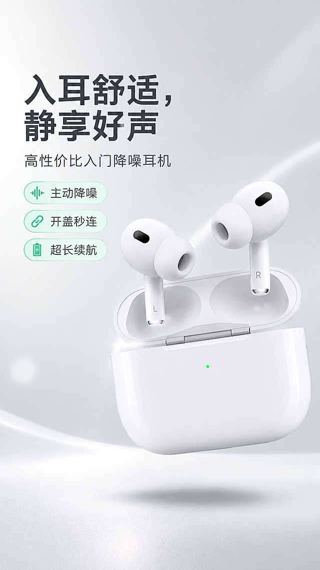 [商品] 使用【图1】白色入耳式主动降噪TWS蓝牙耳机+白色充电盒；保留耳机入耳硅胶帽、短柄、外侧黑色传感器开孔、R/L标识、充电盒圆润造型、正面绿色指示灯、内部磁吸凹槽结构、整体白色亮面材质；真实功能方向为入耳佩戴、主动降噪、立体声播放。
[画面] 首屏钩子定调图，目标3秒抓住注意力并给出核心购买理由。产品居中偏右悬浮主视觉，耳机左右分开展示+充电盒开盖状态，浅灰渐变背景，单侧柔和轮廓光勾勒产品边缘。左侧留白堆叠文案，阅读动线自上而下。产品占画面约55%，前景产品悬浮、中景柔和投影、后景浅灰渐变+细微光斑。
[视觉] 套系策略：风格=简约干净轻苹果风商业摄影；标题字=现代无衬线粗体（苹方/思源黑体风格）；正文字=简洁无衬线体；主色=纯白+浅灰；背景延展=基于浅灰白做深浅渐变、细腻磨砂质感；强调色=薄荷绿（取自指示灯），仅用于小面积图标、引线、标签和点缀光效；标题色=深炭灰；正文色=中灰；组件=圆角浅底信息卡、细线引线、胶囊形标签；光影=左前侧柔光+右侧轮廓光，产品信息面清晰。
[文字] 左侧堆叠：一级主标「入耳舒适，静享好声」（8字，大字号）；二级副标「高性价比入门降噪耳机」；下方3个胶囊标签：「主动降噪」「开盖秒连」「超长续航」。文字不遮挡产品主体，层级清晰，手机端可读。
[规格] 图片比例9:16竖版，4K分辨率，750px宽度适配移动端；避免变形、错字、文字过小、冷蓝科技风、花哨特效、产品结构失真、绝对化用语。