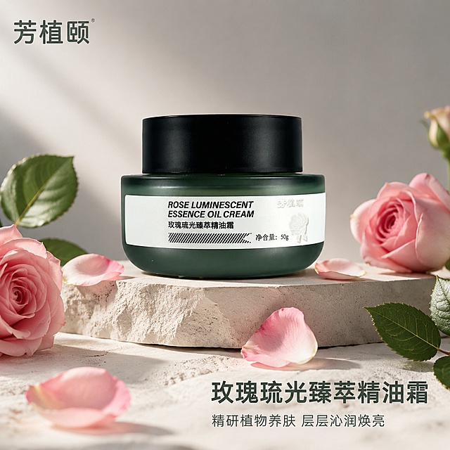 「图片1」，生成一套主图（5张），商品名称是玫瑰琉光臻萃精油霜，卖点是精研植物养肤成分，给予肌肤精准营养灌输，层层沁润肌肤，适配淘宝/天猫平台，主图比例为1:1「图片1」