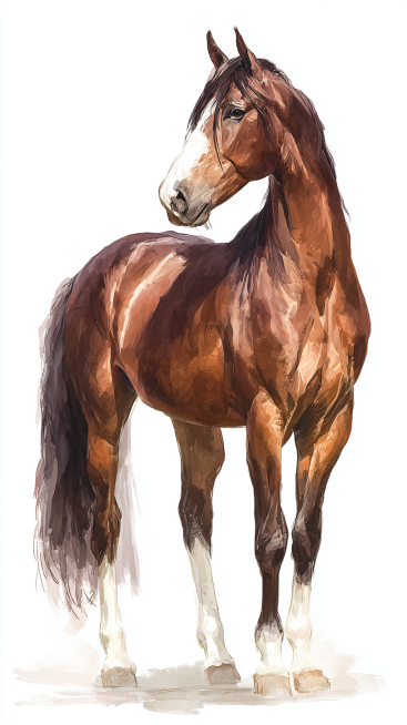 A well-built adult horse, with a clearly defined head, erect ears, bright and lively eyes, a long a预览效果