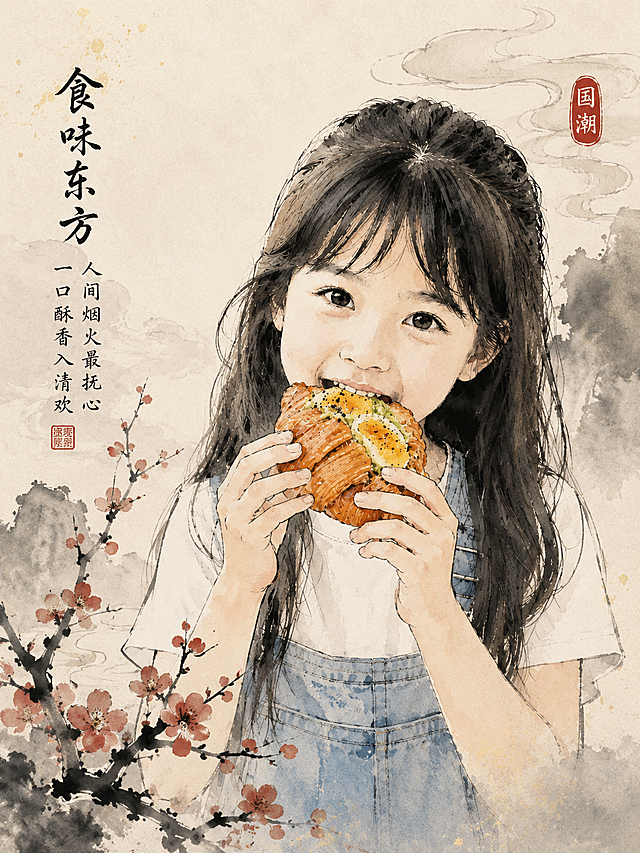 将原图转换为国潮水墨风格，东方水墨质感，简约线条，浓淡相宜，女孩吃可颂面包