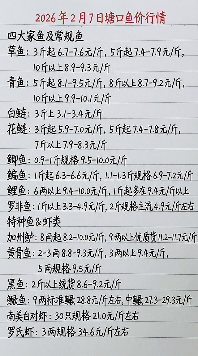 2026 年 2 月 7 日塘口鱼价行情
四大家鱼及常规鱼
草鱼：3 斤起 6.7-7.6 元 / 斤，5 斤起 7.4-7.9 元 / 斤，10 斤以上 8.9-9.3 元 / 斤
青鱼：5 斤起 8.1-9.5 元 / 斤，8 斤以上 8.7-9.2 元 / 斤，10 斤以上 9.9-10.1 元 / 斤
白鲢：3 斤上 3.1-3.4 元 / 斤
花鲢：3 斤起 5.9-7.0 元 / 斤，5 斤起 7.4-7.8 元 / 斤，7 斤以上 7.9-8.3 元 / 斤
鲫鱼：0.9-1 斤规格 9.5-10.0 元 / 斤
鳊鱼：1 斤起 6.3-6.6 元 / 斤，1.1-1.3 斤规格 6.9-7.2 元 / 斤
鲤鱼：6 两以上 9.4-10.0 元 / 斤，1 斤起多在 9.4 元 / 斤以上
罗非鱼：1 斤以上 3.3-4.9 元 / 斤，2 斤规格主流 4.9 元 / 斤左右
特种鱼 & 虾类
加州鲈：8 两起 8.2-10.0 元 / 斤，9 两以上优质货 11.2-11.7 元 / 斤
黄骨鱼：2-3 两 8.8-9.3 元 / 斤，3 两以上 9.4 元 / 斤，5 两规格 9.5 元 / 斤
黑鱼：2 斤以上统货 8.6-9.2 元 / 斤
鳜鱼：9 两标准鳜 28.8 元 / 斤左右，中鳜 27.3-29.3 元 / 斤
南美白对虾：30 只规格 21.0 元 / 斤左右
罗氏虾：3 两规格 34.6 元 / 斤左右
参照图片字体和颜色，用上面内容替换生成新的内容，要求排版布局合理，一字不差。
