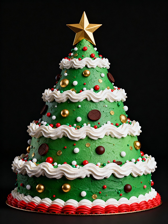 以蛋糕复刻圣诞树形态，用绿奶油作基底，搭配白裱花、彩珠装饰，将甜品与圣诞元素结合，既保留节日氛围，又营造出甜蜜可爱的创意效果