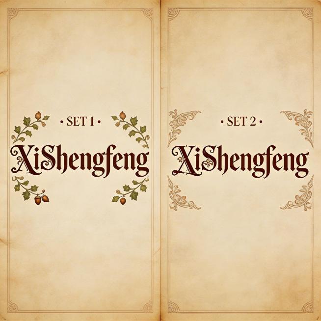 两组具有典型文艺复兴风格的"XiShengfeng"英文字体设计，结合早期古典书籍装饰特点，构思独特，形式感强烈，优雅复古的精致字体排版设计预览效果