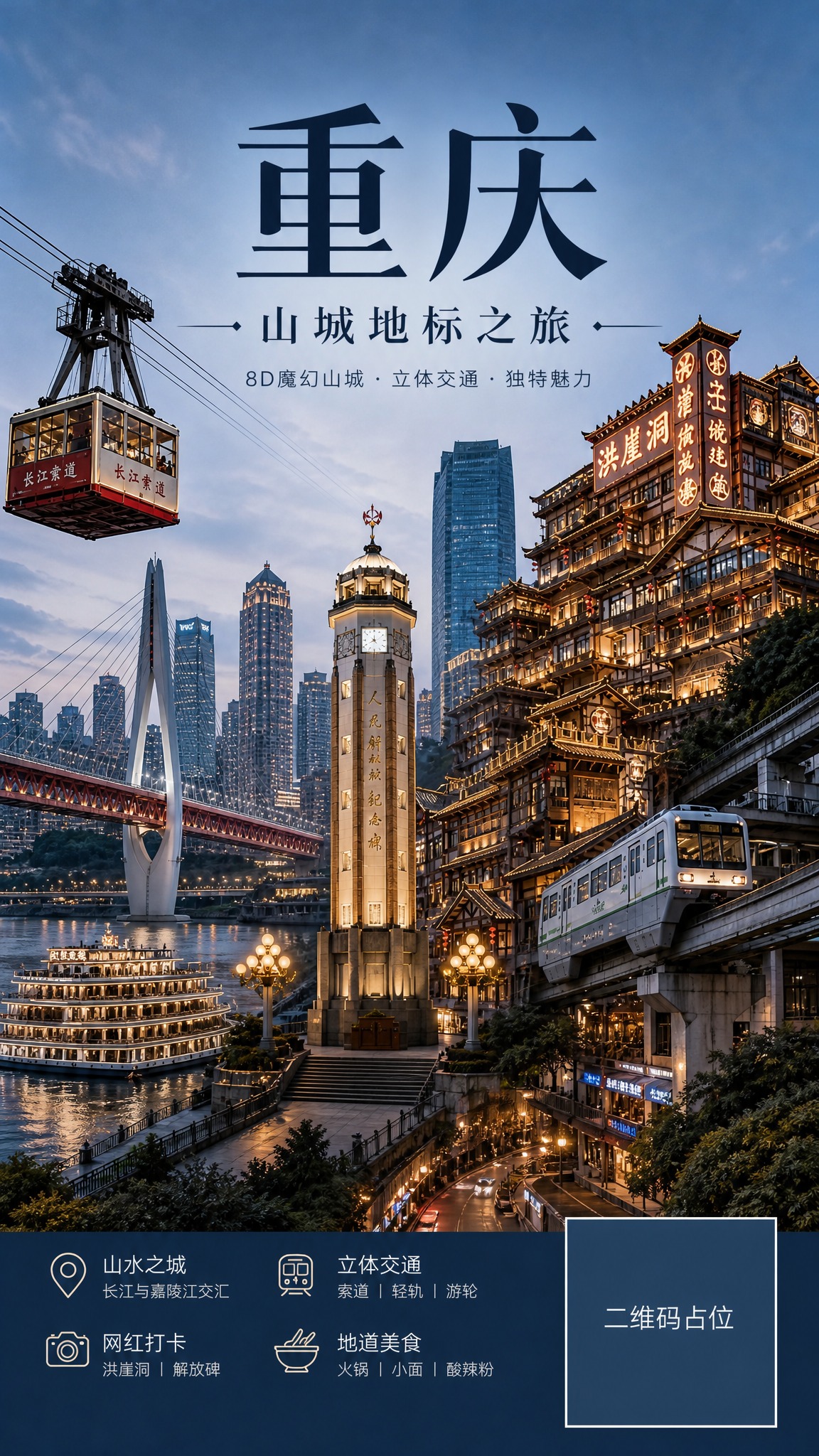 竖版公众号封面图，重庆旅游主题，画面主体为重庆标志性地标建筑，… - 图片创意预览