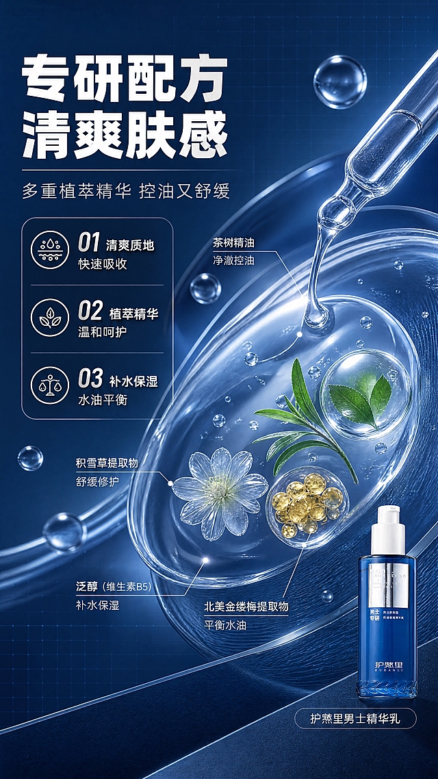 [商品] 使用【图1】护然里男士熬夜肌控油舒缓精华乳小图置于右下角，作为产品展示；保留瓶身外观、颜色、Logo和文字原貌，产品占画面约15%。本页主视觉为成分与质地可视化。
[画面] 目标：成分质地专页，展示产品核心配方与使用肤感。构图：左侧大标题+3条编号卖点，右侧/中部为大型精华液纹理+透明实验器皿+活性成分颗粒，核心视觉元素占画面50%以上；前景悬浮水滴和精华液滴，中景成分主视觉，背景深蓝渐变+网格线，≥3层视觉层次。阅读动线：左上主标题→左中编号卖点→中部成分图形→右下产品。
[视觉] 套系策略：风格=高级科技感男士护肤商业摄影；标题字=现代粗黑体（硬朗利落）；正文字=简洁无衬线体；主色=深海蓝；背景延展=基于深海蓝做深浅渐变、同色系几何切面和细腻磨砂质感；强调色=银灰色，仅用于小面积图标、引线和标签高光；标题色=纯白色；正文色=浅灰蓝色；组件=圆角深色信息卡、细银线引线、圆形利益icon；光影=左前侧冷调硬柔光，器皿和液滴有通透高光，科技感强。
[文字] 左上主标题「专研配方 清爽肤感」（8字），副标题「多重植萃精华 控油又舒缓」；左侧3条编号卖点：① 清爽质地 快速吸收 ② 植萃精华 温和呵护 ③ 补水保湿 水油平衡；右下角配产品小图+「护然里男士精华乳」标注；全部文字横排，字号保证手机端清晰可读，不遮挡核心视觉。
[规格] 图片比例9:16竖版，4K分辨率，负向提示：避免变形、错字、文字过小、女性化元素、粉色紫色调、产品占比过大、分子元素过小。