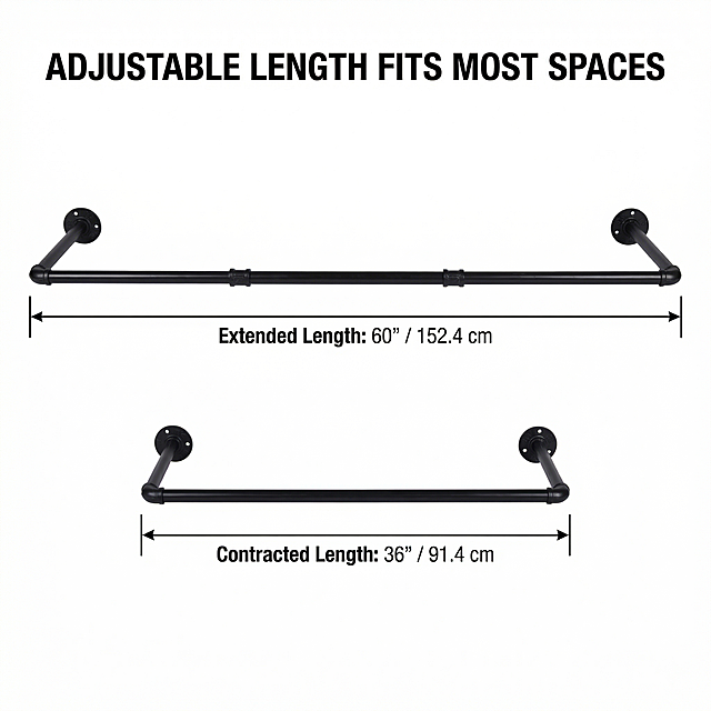 [Main Image 5] Size introduction for extendable clothing rack. Keep product appearance consistent with original image. Display the full extended length and minimum contracted length with clear dimension labels in both inches and centimeters. Layout: product centered, dimension lines and labels clearly marked, clean white background. Add title "ADJUSTABLE LENGTH FITS MOST SPACES" at top. Professional Amazon size specification image.