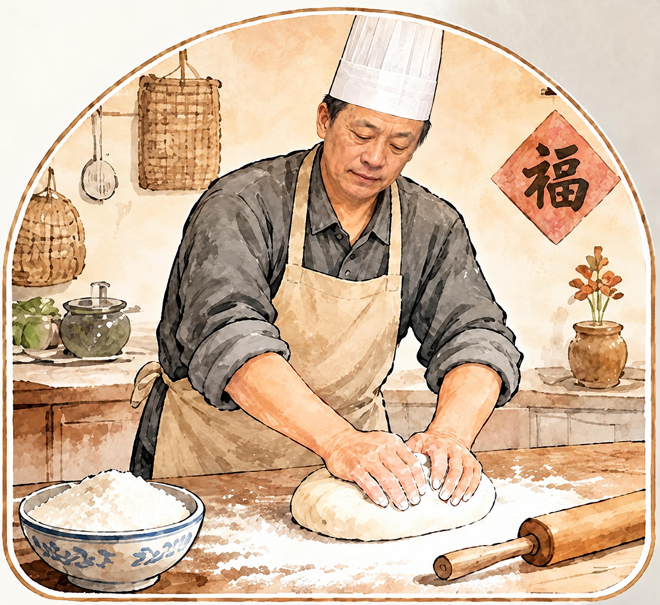 修改人物表情，使其更自然，专注于揉面的状态，眼神看向手中的面团… - 图片创意预览