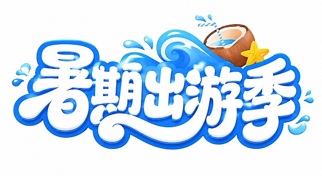 将字体颜色修改为纯白色，保留原有的蓝色描边、蓝色外轮廓和整体设计风格不变，保留右上角椰子饮料、海浪水花和星星装饰元素，保持背景为纯白色，画面中仅保留五个字"暑期出游季"，文字完整不裁切。
