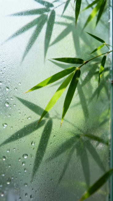 一张带有水滴的磨砂玻璃背景图，玻璃上有一些绿色的竹叶影子，光影柔和，整体呈现出一种清新、自然的氛围，色调以绿色为主，画面简洁，适合作为背景素材使用。生成10张预览效果