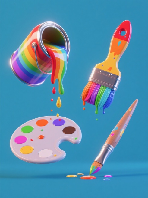 一组四个规整排布的油漆相关元素的系列素材集合，保持超写实3D渲染风格，纯色背景，每个元素均具有鲜艳饱和的彩虹渐变色（红、橙、黄、绿、蓝、紫），高光强烈，反光清晰，边缘锐利，带有飞溅的油漆滴和细小颜料颗粒效果。从左到右、从上到下依次为：1. 一个倾斜的油漆桶，桶口有油漆正向外倾倒形成彩色弧线和滴落；2. 一把宽头油漆刷，刷毛部分蘸满多层彩色油漆，刷毛根部有油漆滴落；3. 一个调色盘，上面有多个颜……预览效果