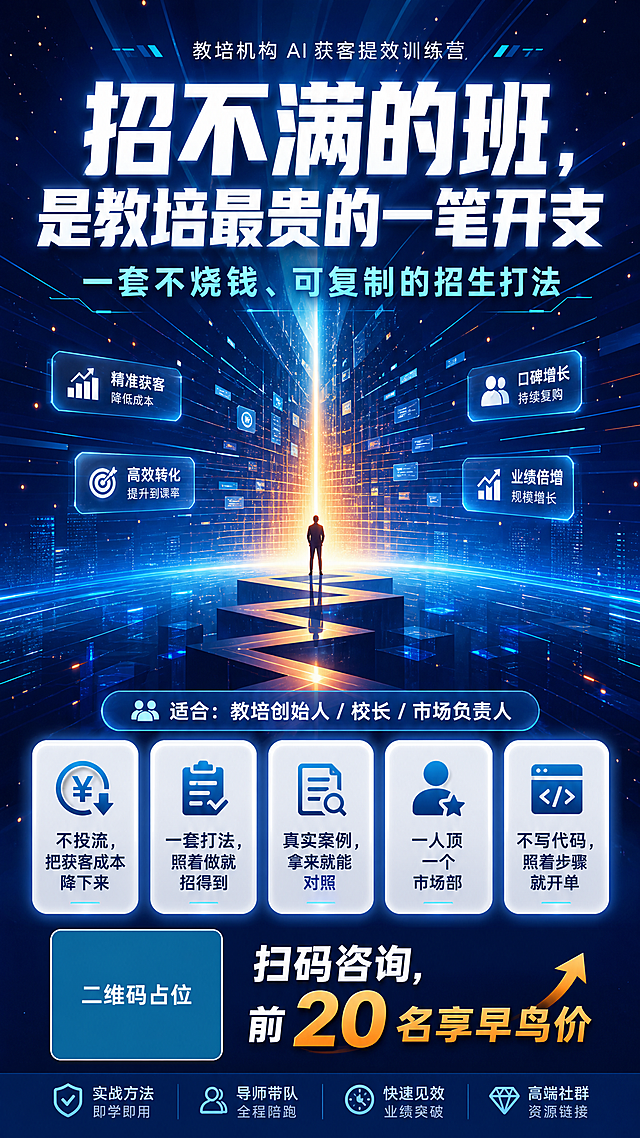 参考图的科技未来感风格与版式骨架，深蓝青蓝渐变背景，纵深光线从中心向四周放射，星点粒子漂浮，几何线条切割空间，底部Z字形阶梯平台与人物剪影。将参考图改造为教培机构招生海报，竖版9:16，版式精美。

画面分区：
[顶部主标题区]：超大粗白字主标题「招不满的班，是教培最贵的一笔开支」，居中，字号最大，视觉焦点；下方副标题「一套不烧钱、可复制的招生打法」，字号次之，青蓝色或白色。
[顶部小字]：最上方小字「教培机构 AI 获客提效训练营」，作为课程名标签。
[中部主视觉]：保留参考图的纵深光线、星点粒子、几何线条、发光阶梯平台与人物剪影元素，营造科技未来感；光线从中心向下延伸，象征增长与突破。
[中下部卖点区]：5条核心卖点以图标+文字标签形式排列，白底圆角半透明卡片或发光标签样式，内容依次为：
「不投流，把获客成本降下来」
「一套打法，照着做就招得到」
「真实案例，拿来就能对照」
「一人顶一个市场部」
「不写代码，照着步骤就开单」
[人群标签]：卖点区上方或侧边标注「适合：教培创始人 / 校长 / 市场负责人」。
[底部行动区]：左侧或右侧放置二维码占位符（纯色方块，中央标注「二维码占位」文字，严禁生成可识别二维码图案），旁边文字「扫码咨询，前 20 名享早鸟价」，其中「20」数字加大突出，用橙色或金色高亮。

配色：深蓝#101127到青蓝#00C6FF渐变主背景，白色主标题文字，青蓝色辅助光效，橙色/金色点缀价格与数字。
氛围：科技未来感、高端专业、增长突破感，光影层次丰富，星点粒子与发光线条装饰。

画面中所有信息区域、卖点卡片、标签区必须填充完整合理的内容，不得出现空白框、空白占位、横线待填写区域、空列表项、空单元格。
画面中所有数字必须精确渲染，不得错位、遗漏或编造，数字「20」必须准确呈现。
画面中所有二维码区域使用纯色方块占位符呈现，方块中央标注"二维码占位"文字，严禁生成任何可识别的二维码图案。