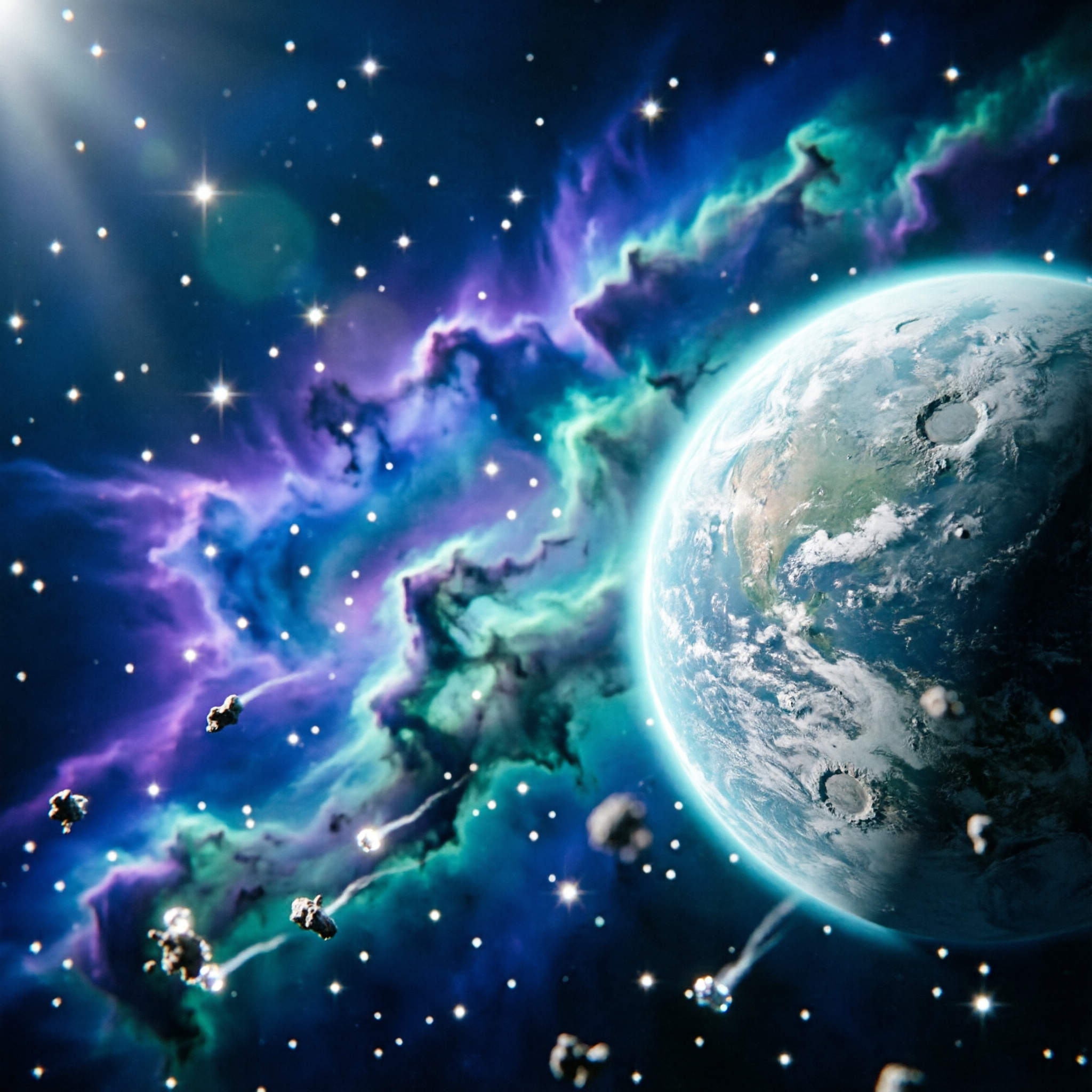生成一张太空主题的画面：深邃浩瀚的宇宙空间，幽暗的深空背景上布… - 图片创意预览
