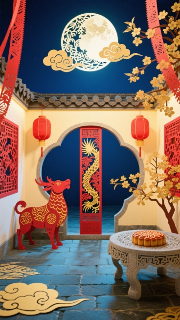 中式庭院平视视角，严格中轴线对称构图，深蓝夜空（#0F1C3F）为背景，中轴线顶端悬剪纸镂空明月，边缘锐利通透，周围环绕剪纸祥云；中轴线中段立红色剪纸（简化犼造型，柱身刻金色剪纸龙纹），两侧对称挂红色预览效果