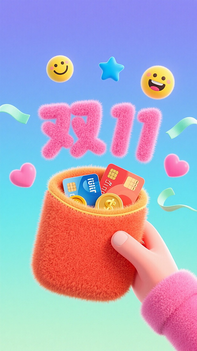 一个毛绒质感的红包被1只手拿着，包边为橙红色。一只粉红色的手从左侧下方伸出，拿着包，小包内露出多张银行卡，金币和爱心。卡包四周向心状悬浮着很多个元素：“双11”粉红色毛绒的艺术字紧挨着卡包，散落着3个黄色笑脸、2个粉色爱心和2个蓝色星星，3个浅绿色短飘带，突显个性化与潮流风格。渐变荧光背景，营造出充满活力与现代感的视觉氛围。构图层次分明，色彩对比强烈，传达出轻松、年轻、时尚的生活方式与消费理念。