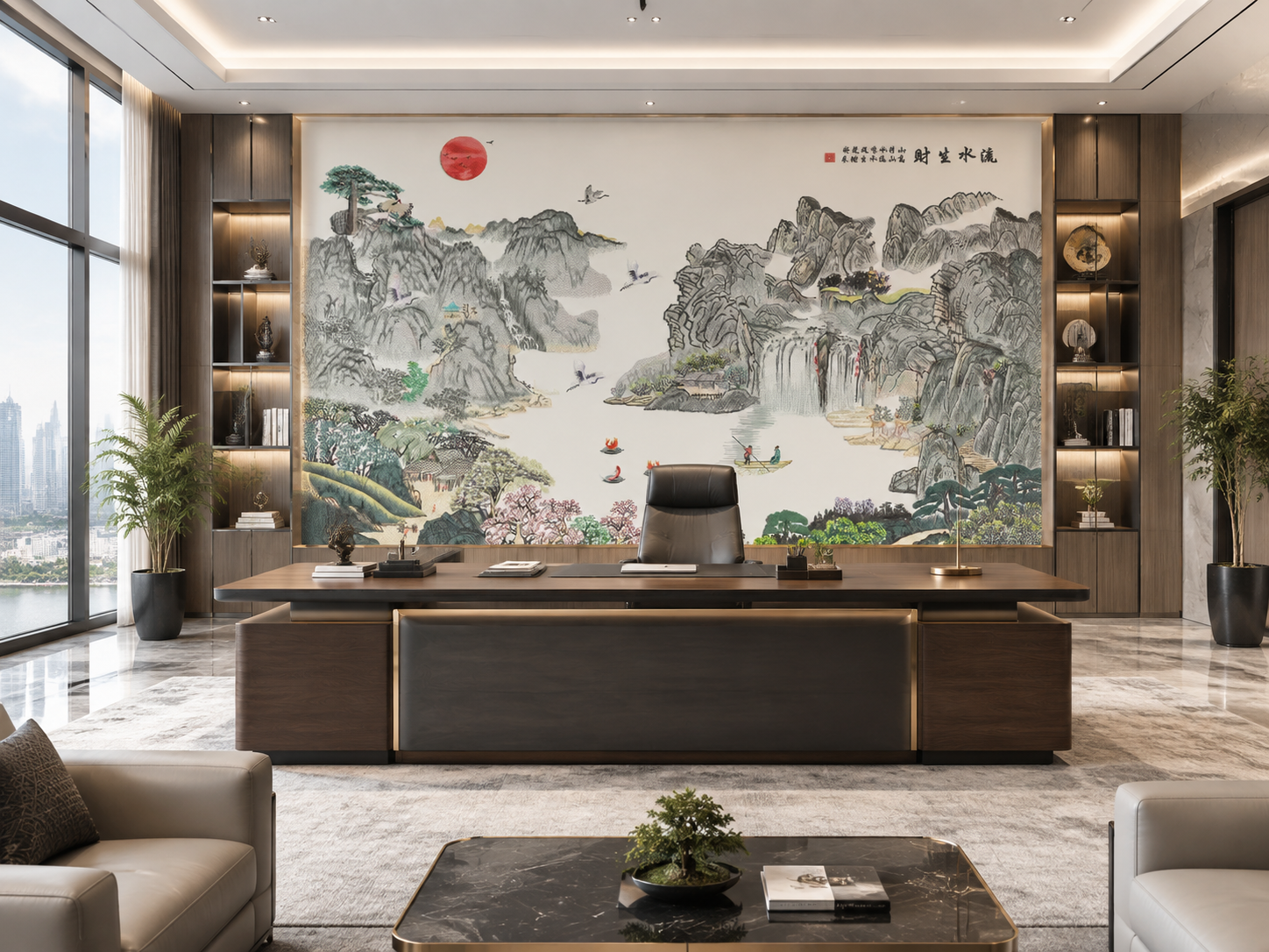 将参考图中的刺绣硬包山水背景墙完整安装在高端总裁办公室的主背景… - 图片创意预览