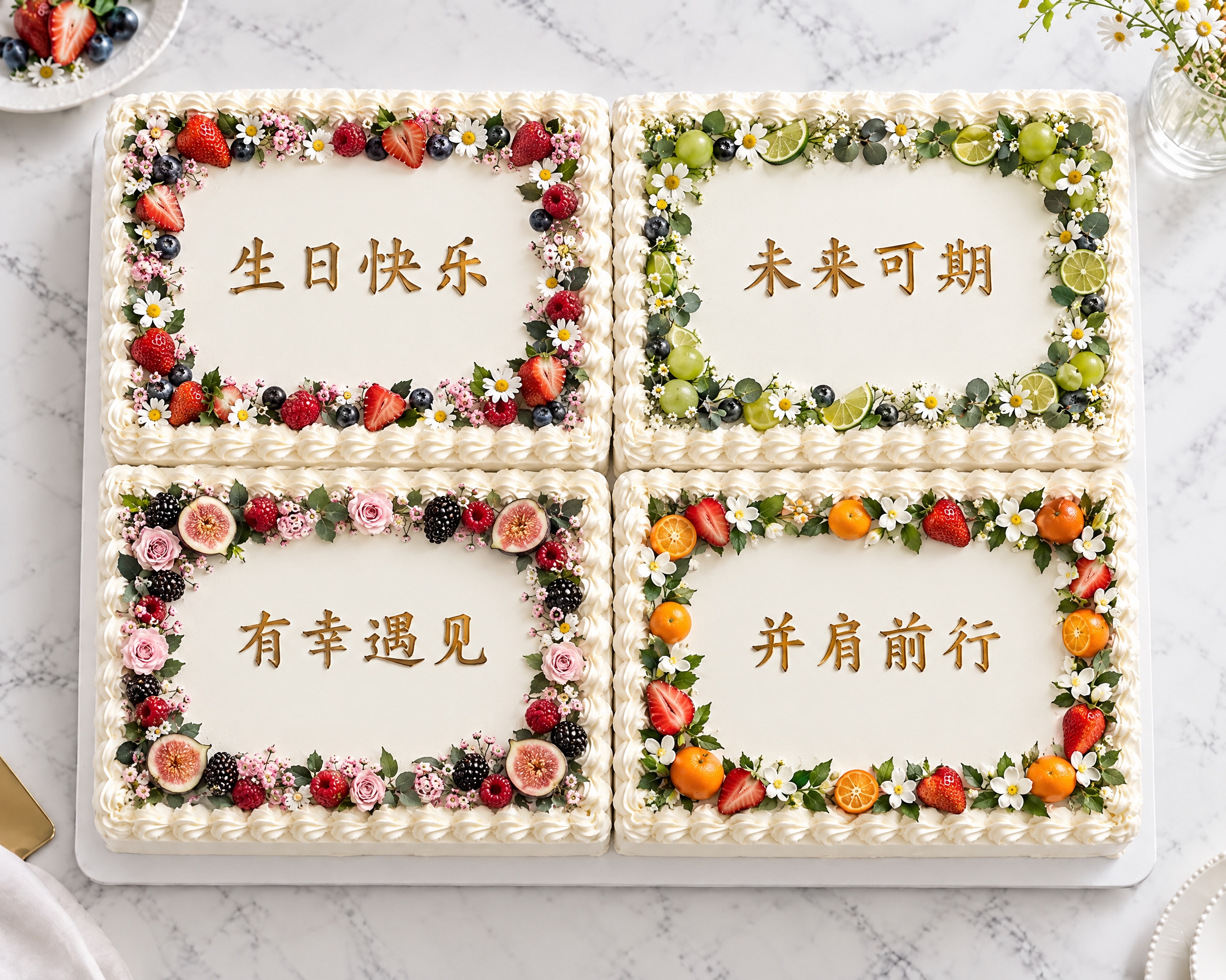 参考图中四块纯白色长方形蛋糕的排列和文字，调整水果鲜花的摆放方… - 图片创意预览