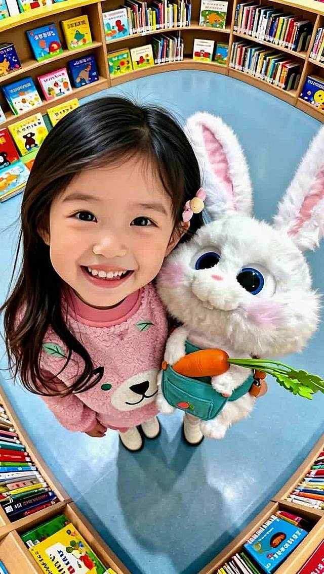 背景为图书馆儿童区，小女孩与垂耳兔拥抱，面对镜头，绘本环绕