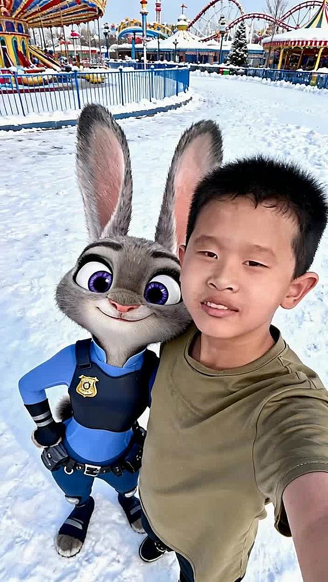 背景为下雪的游乐园，人物面对镜头。