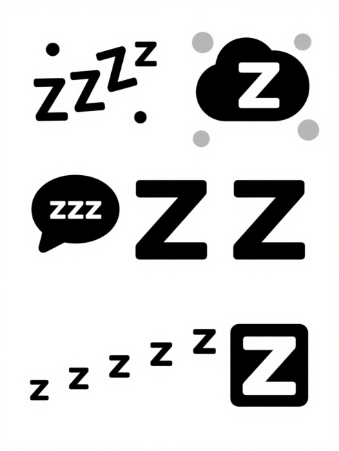 极简风格睡眠主题系列图标集合，纯白纯色背景，六个完全不同的睡眠元素规整排布，每个元素均采用原图的纯黑与白色块对比、简洁几何线条、无渐变无阴影的平面设计风格：1. 左侧上方：经典"ZZZ"睡眠符号以不规则大小和角度排列，点缀几个黑色圆点；2. 中间上方：黑色云朵形状气泡内包含"zzz"文字；3. 右侧上方：单个大号"Z"字母，周围有几个灰色小圆圈装饰；4. 左侧下方：两个不同大小的圆角对话框气泡……预览效果