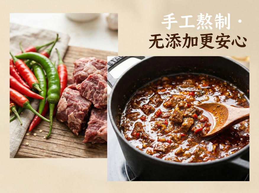 电商详情页细节图，浅米色背景，左侧特写新鲜辣椒、大颗粒牛肉原材料，右侧特写熬制中的酱料（油亮有光泽），画面干净，光线明亮，突出“手工慢火熬制”的质感，搭配文字“手工熬制 · 无添加更安心”，无多余杂乱预览效果