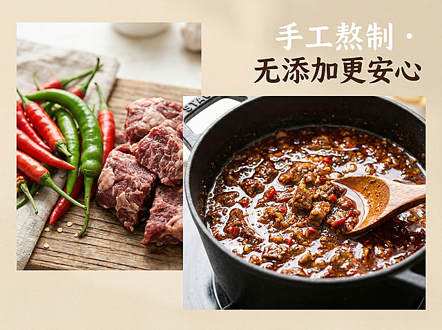电商详情页细节图，浅米色背景，左侧特写新鲜辣椒、大颗粒牛肉原材料，右侧特写熬制中的酱料（油亮有光泽），画面干净，光线明亮，突出“手工慢火熬制”的质感，搭配文字“手工熬制 · 无添加更安心”，无多余杂乱元素，高清细节清晰，突出原材料新鲜和熬制工艺，适配拼多多详情页排版