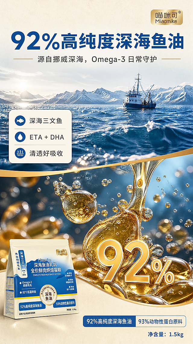 [商品] 使用【图1】喵咪可 Miomike 深海鱼油乳鸽全价鲜肉烘焙猫粮包装：保留奶油米白＋深海蓝拼色、金色圆形Logo「喵咪可 Miomike」、主标题「深海鱼油乳鸽 全价鲜肉烘焙猫粮」、蓝色数据条「92%高纯度深海鱼油」「93%动物性蛋白原料」与「净含量：1.5kg」，包装本体文字一字不改、不翻译；本张包装仅作左下角辅助元素，占画面约15%，斜倚摆放并带真实接触阴影。
[画面] 页面目标：讲清挪威深海鱼油的高纯度来源。骨架为「上部产地实景＋下部鱼油微距」的上下分区；上部为挪威冷海域深海实景（深蓝海水、渔船远景、冷冽水面光泽），占画面约40%；下部为金橙色清透鱼油滴与胶囊微距满版，占画面约45%，油液拉丝与透光质感清晰，前景浮游微小气泡，中景油滴主体，后景虚化深海蓝。巨型数字「92%」以暖金描边叠加于中下部，占画面宽度约35%。
[视觉] 套系策略：风格=深海洁净高级食材商业摄影，清透真实、微距质感；标题字=现代无衬线黑体粗体；正文字=简洁无衬线体；主色=深海蓝#1B5FA8＋奶油米白#F7F1E4；背景延展=以奶油米白做深浅层级与细腻亚麻/纸张质感，边缘过渡浅海蓝；强调色=暖金#E0A83C，仅用于小面积图标、引线、标签；标题色=深海蓝#1B5FA8；正文色=中暖灰#5A5A56；组件=圆角信息卡、细线引线、胶囊标签、底部数据条；光影=左前侧柔和顶光＋暖调轮廓光，逆光只作背景与轮廓。
[文字] 顶部主标题「92%高纯度深海鱼油」＋副标题「源自挪威深海，Omega-3 日常守护」；左下角圆角信息卡内3行短说明「深海三文鱼」「ETA＋DHA」「清透好吸收」，全部横向排版，主视觉为数字与油滴，文字不遮挡油滴主体。
[规格] 图片比例9:16竖版，4K，避免变形、错字、糊字、蚂蚁字、竖排或旋转文字、包装文字错乱、水印、平台角标、绝对化用语、医疗功效承诺、冷灰调主导背景。