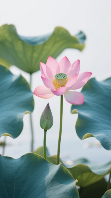 夏日池塘自然景观，写实摄影风格，画面留白50%。主体为一朵盛开的粉色荷花，花瓣边缘呈柔和的粉色渐变至中心的淡黄色，莲蓬顶部为深绿色并带有细小的孔洞。荷花下方有一片半展开的绿色花苞，花茎细长挺拔。周围环绕多片大型荷叶，荷叶呈蓝绿色，边缘有自然的波浪状卷曲，叶面展现出清晰的叶脉纹理和微妙的光影变化，部分荷叶边缘微微泛黄。整体构图简洁，色彩清新淡雅，光影柔和，营造出宁静自然的氛围，背景为大面积留白，……预览效果