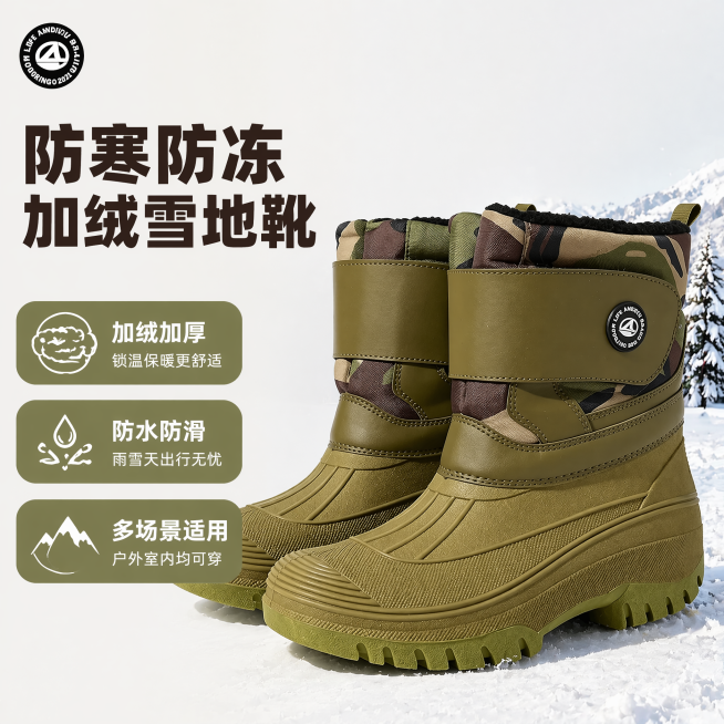 [单张主图] 防寒防冻雪地靴，爆款促销感主图，1688平台适用，传递产品核心功能与卖点信息。
[画面主体] 一双军绿色迷彩拼接的雪地靴，主体占比约65%，居中斜向摆放。产品鞋身的迷彩拼接设计、军绿色皮预览效果