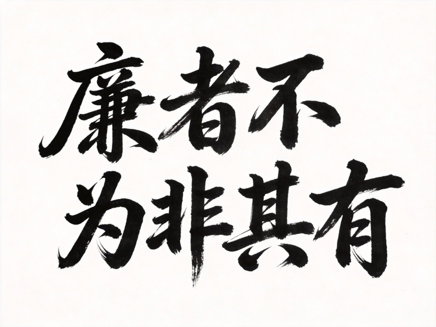 干净的纯白色背景。平面书法艺术字体设计，六个字"廉者不为非其有"，所有文字单行横向排列，采用行书书法，运笔行云流水一气呵成，字形笔画自然舒展带有飞白枯笔质感，墨色浓黑带有轻微的水墨晕染效果，墨色晕染收预览效果
