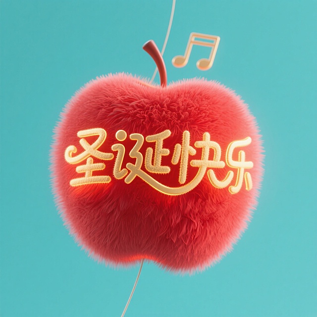 软3D毛绒苹果，刺绣风“圣诞快乐”字样，搭配音符吊饰，梦幻喜庆，萌趣十足。