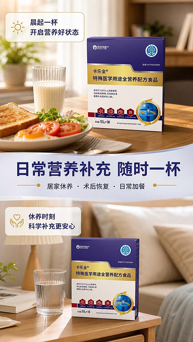 [商品] 使用【图1】卡乐全特殊医学用途全营养配方食品包装盒；保留所有包装原貌；产品自然摆放在场景中，占画面约25%，正面微侧角度，与环境光影融合自然，有真实接触阴影。
[画面] 页面目标：真实使用场景种草，展示日常营养补充时刻。竖版上下分两段场景拼接，上段为居家餐桌晨间补充场景（温暖自然光、玻璃杯、餐盘），下段为术后康复/居家休养场景（床头柜、温水、温馨家居环境），两段中间用标题区过渡。产品在两个场景中各出现一次，融入真实生活环境，≥3层环境元素（前景餐具/中景产品/后景家居虚化）。整体氛围温暖安心。
[视觉] 套系策略：风格=专业医疗营养风商业摄影；标题字=现代无衬线粗体（思源黑体Heavy）；正文字=简洁无衬线体（思源黑体Regular）；主色=深紫蓝（#2A2A72）；背景延展=基于深紫蓝做浅灰蓝渐变、同色系深浅层级和细腻磨砂质感；强调色=金色（#C9A961），仅用于小面积图标、引线、标签和重点数字高亮；标题色=深紫蓝；正文色=深灰（#333333）；组件=圆角白底信息卡、细金色引线、六边形图标；光影=场景自然光为主，柔和温暖，产品受光均匀。
[文字] 中部主标题：日常营养补充 随时一杯；副标题：居家休养 · 术后恢复 · 日常加餐；上下场景各配一句短场景文案：上段：晨起一杯 开启营养好状态；下段：休养时刻 科学补充更安心；文字全部横向排版，不遮挡产品主体，手机端清晰可读。
[规格] 图片比例9:16竖版，4K分辨率，负向提示：避免变形、错字、文字过小、模糊、虚假功效宣传、绝对化用语、治疗承诺、产品包装文字错乱、场景过于医院化。