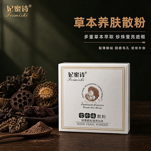 [主图-1] 首图品牌调性，突出妃蜜诗雪珍珠草本散粉的草本中药养肤定位与高级品质感。
[统一基调] 整体风格为草本中药质感，深棕墨绿暗调为主，搭配古铜金点缀，传递天然草本、专业养肤的高级感；主标题用干净非衬线粗体，深古铜金色；辅助文字用米白色；卡片和分割线用细古铜金线；整套视觉统一。
[画面] 产品居中偏右，占画面约60%，正面视角，完整展示妃蜜诗雪珍珠散粉白色方盒包装，包装上的品牌Logo、珍珠图案、产品名称清晰可见。产品放置在深色哑光木质台面上，台面有自然木纹纹理。产品左后方散落摆放晒干后的深黑褐色草本药材原料：干菊花、干莲花、干雪莲花、母菊干花，以及一小勺细腻的深褐色珍珠药粉，草本颜色为晒干后偏黑的中药颜色，真实自然。背景为深墨绿色渐变，有柔和的窗光从左上方斜射下来，形成自然的光影层次。左上角放置提取后的同款妃蜜诗品牌Logo。
[光影质感] 商业静物摄影质感，柔光箱主光从左上45度打下，产品正面受光均匀，侧面有自然明暗过渡，底部有柔和接触阴影，草本药材和药粉有真实的颗粒质感和干燥纹理，整体氛围沉稳高级。
[配色] 主背景深墨绿色渐变，台面深棕木色，产品白色包装，点缀古铜金色文字和线条，草本深黑褐色，整体低饱和暗调，突出草本中药质感。
[文字版式] 左上角品牌Logo；右侧上方主标题大字号："草本养肤散粉"；主标题下方辅助文案："多重草本萃取 珍珠莹亮遮瑕"；再下方三行小卖点："轻薄服帖 隐匿毛孔 定妆补妆"。文字均放在右侧负空间，不遮挡产品主体。主标题字体为干净非衬线粗体，古铜金色；辅助文字为非衬线常规体，米白色。
[输出要求] 1:1正方形，2048x2048，2K分辨率，文字清晰可读，产品清晰不变形，草本药材真实自然。负向：禁止出现生产厂家信息、地址、工厂名称、许可证编号等厂家信息；禁止变形、错字、模糊、杂乱、水印、平台Logo、二维码、联系方式；禁止草本颜色偏绿偏鲜艳，必须是晒干后偏黑的中药颜色。