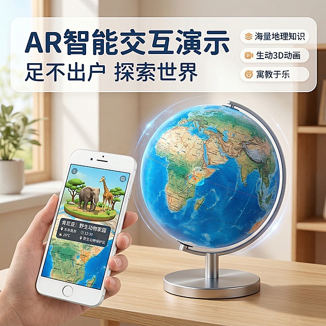 AR智能地球仪功能展示，蓝色地球仪搭配金属底座，旁边展示手机AR交互演示界面，画面呈现扫描地球仪即可查看生动地理知识的场景，主标题AR智能交互演示，副标题足不出户探索世界，直观科技感，风格柔和温馨，产品主体突出，背景简洁干净，适配拼多多平台风格