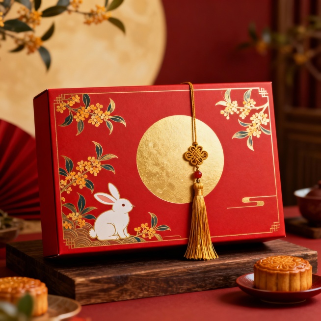 生成一中秋节月饼包装盒，包括包装盒效果图和三视图预览效果