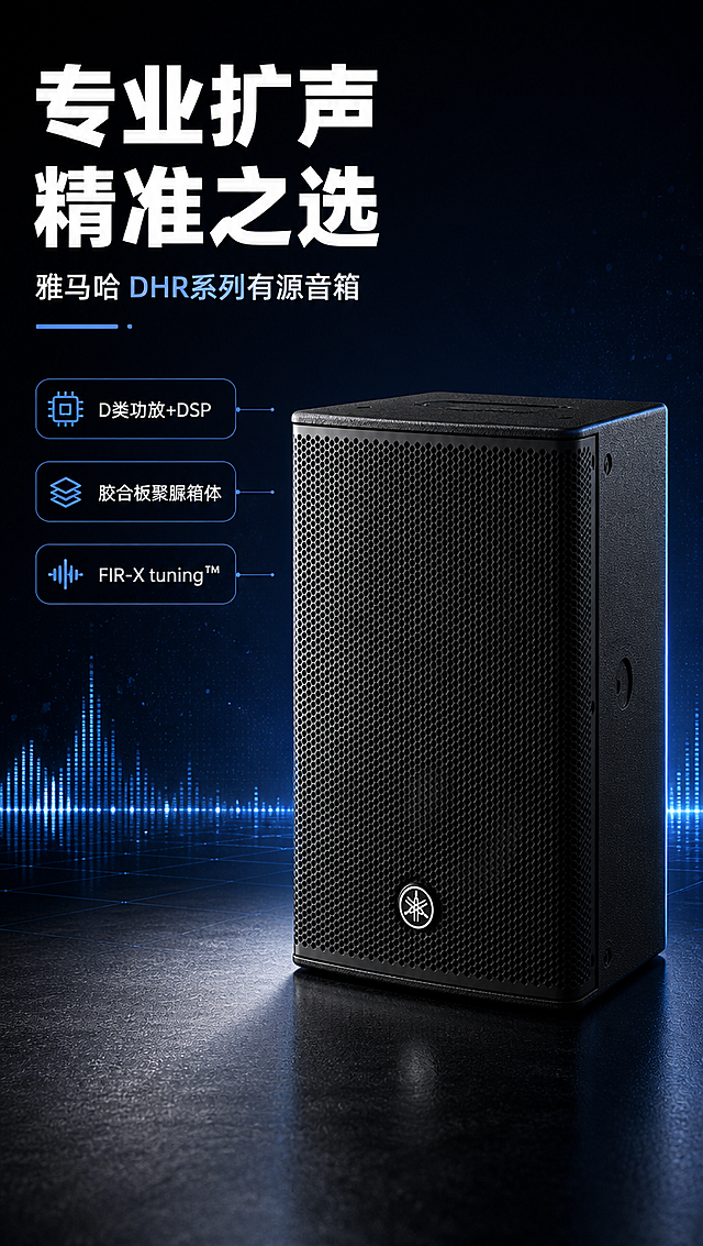 [商品] 使用【图1】【图2】雅马哈DHR系列专业有源音箱；保留黑色金属网罩、雅马哈圆形Logo、胶合板箱体结构、方正硬朗造型、黑色聚脲涂层质感；商品处理：增强网罩金属纹理、箱体边缘立体感和Logo清晰度，不改变产品结构与颜色。
[画面] 页面目标：首屏KV海报，打造专业级扩声音箱的高端形象。构图：上方大标题区，中部偏右放置音箱主体（45度侧视角度，【图1】视角），左侧留白放文案，底部点缀声波/音频波形光效元素。主体占画面约55%。景别：产品中景+环境氛围。阅读动线：从上至下，从左标题到右产品。前中后景：前景深色渐变地面+产品投影，中景音箱主体，后景深色科技感渐变背景+微弱音频可视化光效。
[视觉] 套系策略：风格=深色科技感商业产品摄影风；标题字=粗黑体现代无衬线；正文字=简洁无衬线中黑体；主色=炭黑深灰；背景延展=基于炭黑做深蓝灰渐变、细腻磨砂质感、科技感微光粒子；强调色=雅马哈蓝（品牌蓝），仅用于小面积图标、引线、标签和光效点缀；标题色=纯白；正文色=浅灰白；组件=细线圆角信息卡、科技感引线、音频波形装饰；光影=左前侧硬光+右侧轮廓光，突出箱体立体感和网罩金属质感。
[文字] 左上区域主标题「专业扩声 精准之选」，副标题「雅马哈 DHR系列有源音箱」，下方3个短卖点胶囊：「D类功放+DSP」「胶合板聚脲箱体」「FIR-X tuning™」，文字不遮挡音箱主体和Logo。
[规格] 图片比例9:16竖版，4K分辨率，负向提示：避免变形、错字、文字过小、产品颜色改变、结构失真、白底孤立、极限词、二维码、水印。