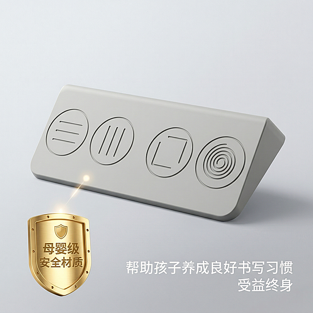 基于原图的儿童勾腕矫正控笔训练器，干净浅灰色背景，产品居中放置，左下角悬浮权威认证金标"母婴级安全材质"，右下角文案"帮助孩子养成良好书写习惯 受益终身"，字体简洁，整体风格统一简洁有力，信息清晰，背景全屏无边框，符合淘宝天猫平台主图的第五张信任背书设计要求。