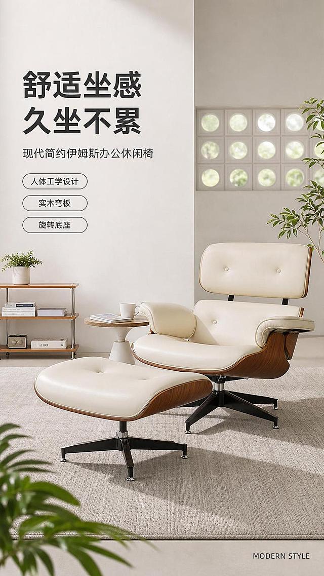 [第1屏] 伊姆斯办公椅详情页头图，展示奶白皮质含脚踏全套产品，本屏使用【图1】作为商品主体。
[氛围/风格] 现代简约轻奢风，温馨客厅实景氛围感，商业高清摄影质感，自然通透光影。
[元素布局] 版式采用左文右图，左侧1/3竖列文案区，右侧大场景展示产品，产品保持原结构比例、胡桃木弯板轮廓、奶白色皮质颜色与原图一致，主体占画面约70%，背景搭配简约地毯、绿植装饰，呈现完整书房休闲空间。
[光影质感] 左上方主光源柔和照明，右下角自然投影，皮质表面保留清晰高光，整体明暗层次自然，产品清晰突出。
[配色色系] 全局底色 #f5f5f5；主体奶白皮质+胡桃木棕色+黑色旋转底座；辅助色浅灰色背景，深灰色标题文字。
[视角构图] 正面平视视角，产品为视觉中心，阅读动线为左侧文案→右侧产品→底部信息条，景深适中。
[文字版式] 主标题「舒适坐感 久坐不累」，副标题「现代简约伊姆斯办公休闲椅」，左侧左对齐排版；下方三个胶囊标签分别为「人体工学设计」「实木弯板」「旋转底座」，右下角英文角标 «MODERN STYLE»，文字不遮挡产品主体。
[比例分辨率] 9:16，4K分辨率，文字清晰可辨，手机端阅读舒适。
[负向提示词] 产品变形，颜色偏差，缺件错件，结构错误，文字错乱，文字过小，水印，背景杂乱，产品模糊