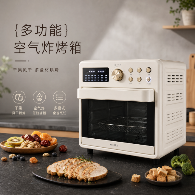 [单张主图] 多功能空气炸烤箱，真实使用场景高级氛围感主图，突出产品多功能卖点。
[画面主体] 主体为米白色复古空气炸烤箱，放置在厨房磨砂黑色桌面，产品外观（物理结构、材质质感、颜色）与输入产品图保持预览效果