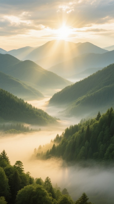 山间清晨，阳光穿透云层洒下金色光芒，茂密森林覆盖的层叠山峦在阳光照耀下呈现出丰富的绿色层次，山间薄雾尚未完全散去，在山谷间轻柔缭绕，空气清新湿润，光影对比鲜明，整体氛围明亮而宁静。预览效果