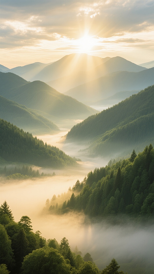 山间清晨，阳光穿透云层洒下金色光芒，茂密森林覆盖的层叠山峦在阳光照耀下呈现出丰富的绿色层次，山间薄雾尚未完全散去，在山谷间轻柔缭绕，空气清新湿润，光影对比鲜明，整体氛围明亮而宁静。