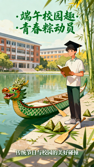 国潮插画风端午节海报，大学校园场景融入粽子、龙舟、艾草元素，装饰有粽子、竹叶、书卷、学士帽、龙舟桨，整体氛围青春活力，传统节日与校园结合，主色调为竹绿+粽叶青+暖黄，画面明亮清新，重新创作一个不同构图预览效果
