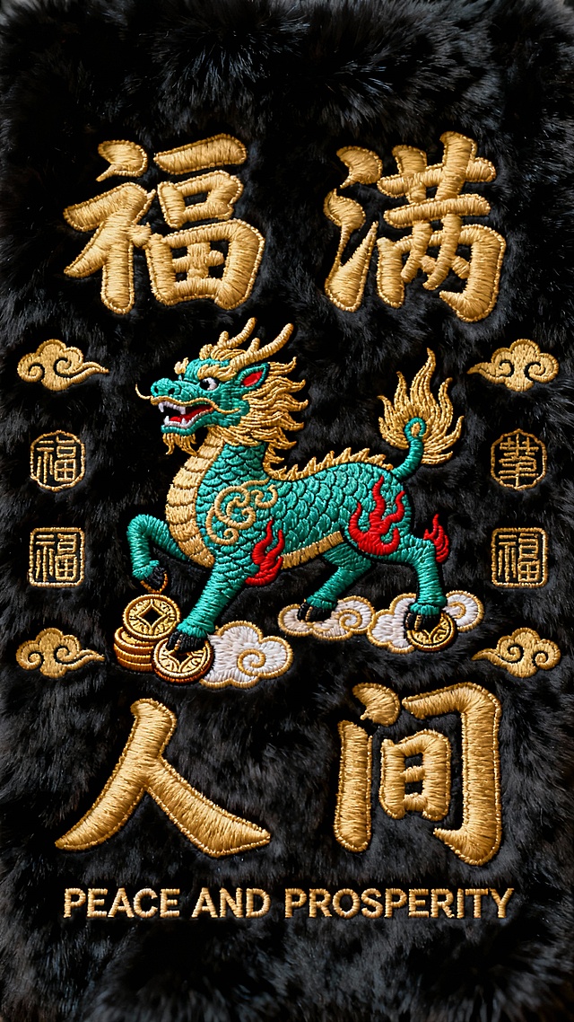 深黑色毛绒质感背景，表面呈现细腻的绒毛纹理与柔和光泽，中央以立体刺绣工艺呈现一只色彩斑斓的传统瑞兽麒麟，麒麟主体为青绿色，点缀金色祥云纹与红色火焰纹，姿态昂扬，脚踏元宝与铜钱纹样，周围环绕金色立体刺绣文字“福满人间”，字体为大气的书法体，笔画边缘有精致的毛绒包边效果，文字两侧分布对称的金色祥云图案与篆书印章，底部绣有英文祝福语“PEACE AND PROSPERITY”，整体构图遵循传统对称美学，色彩以黑金为主调，辅以青绿点缀，营造出富贵吉祥且具有浓郁传统刺绣工艺质感的视觉效果，所有元素均呈现出与毛绒背景完美融合的立体刺绣纹理。