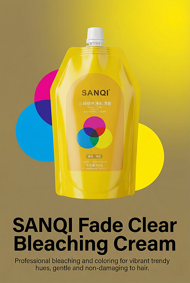 高级美发专业杂志风电商详情首屏海报，严格还原上传的三崎 SANQI 褪色净彩漂膏产品图，包括包装设计、颜色、LOGO 位置、文字内容、图案元素等所有细节，产品尺寸比例保持 1:1。主视觉居中展示产品主体（黄色自立袋漂膏），背景采用高级渐变卡其棕色 + 明黄色点缀，搭配三原色几何圆形品牌图标。主标题 "SANQI Fade Clear Bleaching Cream" 用加粗无衬线黑体，大号字体，黑色醒目呈现；副标题 "Professional bleaching and coloring for vibrant trendy hues, gentle and non-damaging to hair." 用细体无衬线黑体，小号字体，置于主标题下方。排版采用杂志级精致排版，留白充足，视觉中心突出，30 秒抓住用户注意力，整体风格高级统一，无割裂感，高清 8K 分辨率，光影自然，细节清晰。中文文字全部统一无衬线黑体格式，字号层级分明。不要模糊，不要低分辨率，不要杂乱排版，不要割裂感，不要色差，不要产品变形，不要多余元素，不要水印，不要粗糙质感，不要非 2:3 比例，不要字体不统一。