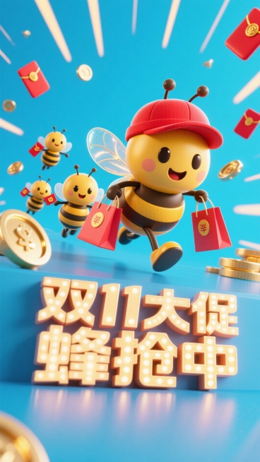 主视觉为带着红帽子的蜜蜂提着购物袋冲出画面，背后跟着3只拿着红包袋的小蜜蜂，正面视角，背景金币、红包、放射线点缀，画面下方为3D文字灯牌“双11大促 蜂抢中”预览效果
