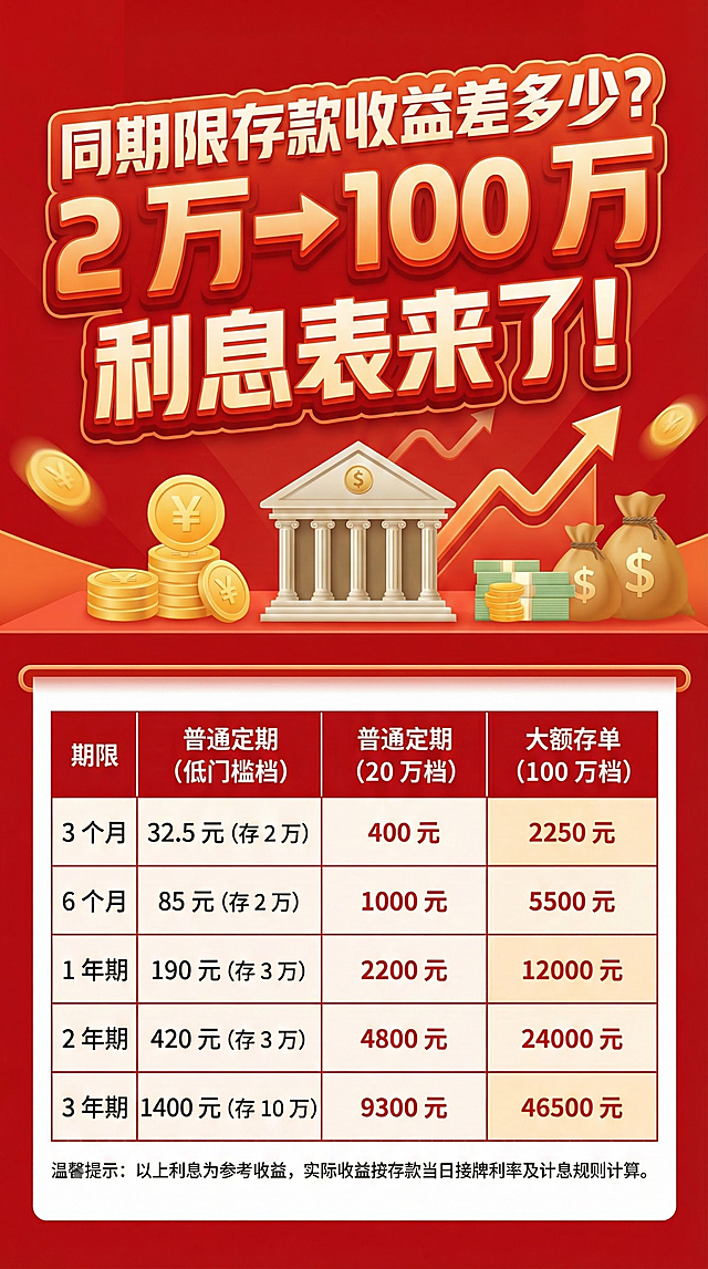 主标题：同期限存款收益差多少？2 万→100 万利息表来了！

大额存单：20 万起 收益直接 “翻倍”
个人大额存单 每日 9:30 全国同步开售，额度有限，先到先得！

以 100 万本金为例，到期参考利息如下：
3 个月约 2250 元 | 6 个月约 5500 元
1 年约 12000 元 | 2 年约 24000 元

手把手教你选对存款档位，利息最大化+表格
以下表格部分
期限	普通定期（低门槛档）	普通定期（20 万档）	大额存单（100 万档）
3 个月	32.5 元（存 2 万）	400 元	2250 元
6 个月	85 元（存 2 万）	1000 元	5500 元
1 年期	190 元（存 3 万）	2200 元	12000 元
2 年期	420 元（存 3 万）	4800 元	24000 元
3 年期	1400 元（存 10 万）	9300 元	46500 元
表格结束
温馨提示：以上利息为参考收益，实际收益按存款当日挂牌利率及计息规则计算。


生成红色为主 橙色点缀 主标题放大在上面三分之一位置 主标题要有设计感 层次感 主标题下面加上金融元素素材 在下部分放其他内容的手机海报