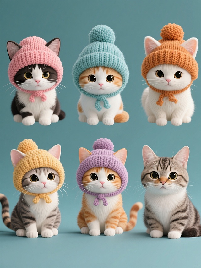一组6个不同配色、不同品种、不同风格猫咪的规整排布集合，每个猫咪都佩戴着与自身风格和配色相协调的创意针织帽子，背景为纯色，整体风格保持可爱、温馨、治愈的氛围，猫咪形象清晰、细节丰富，色彩搭配和谐统一，具有强烈的视觉吸引力和设计感。