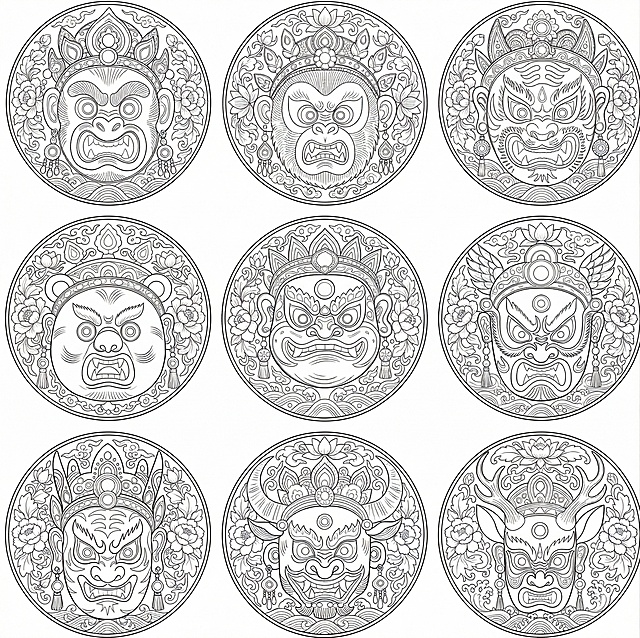 去除图中所有文字，将整张图转换为干净的黑白线稿，保留十二兽神傩面具的轮廓和纹样细节，去掉原有色彩